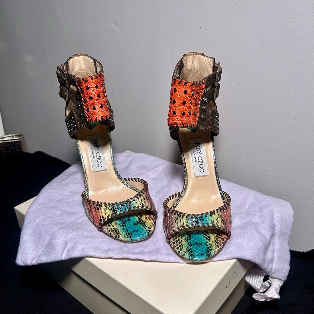 Jimmy Choo : Multicolor Snakeskin Open-Toe Heel